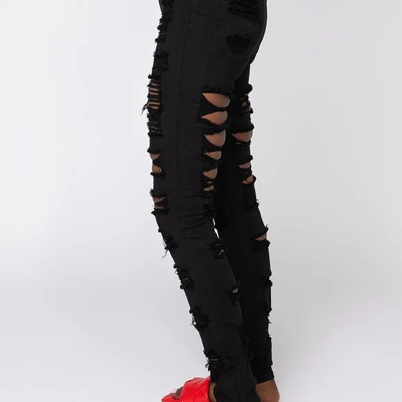 New! AKIRA Show Me Baby Black Distressed Stretch Denim Skinny Jeans - Picture 6 of 12